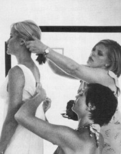 Natalie and friend doing Martie's hair..